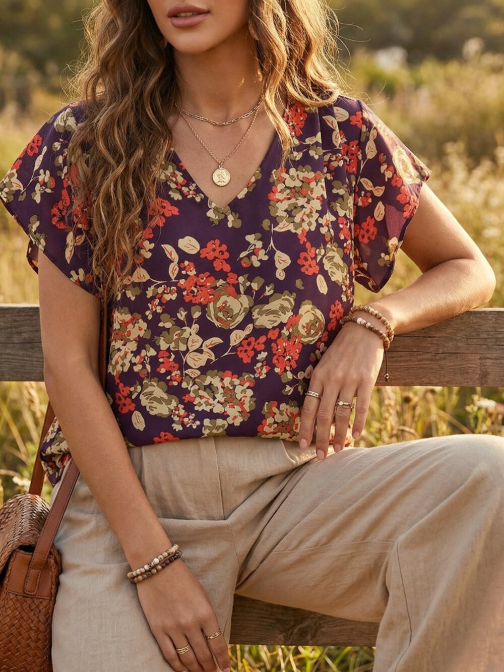 Cabi‎ M Top Purple Floral Flutter SS Flowy Boho Chic Whimsigoth Romantic Moody